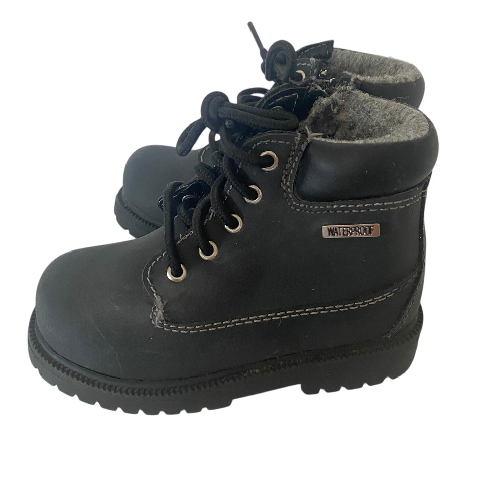 SmartFit Kids Black Waterproof Winter Work Boots Side Zip Faux Fur‎ Lined Size 9